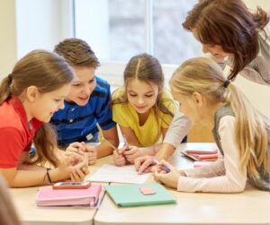 Kids talking in a classroom