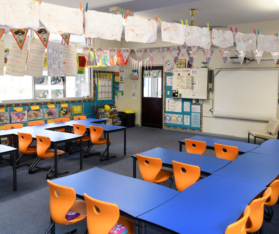 a classroom with desks